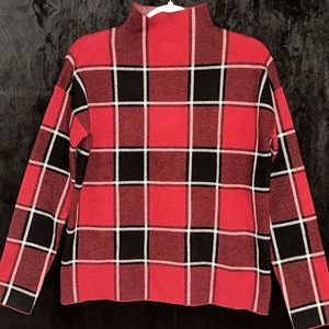 Tahari Women’s Red Black Plaid Long Sleeve Mock Neck Sweater Medium